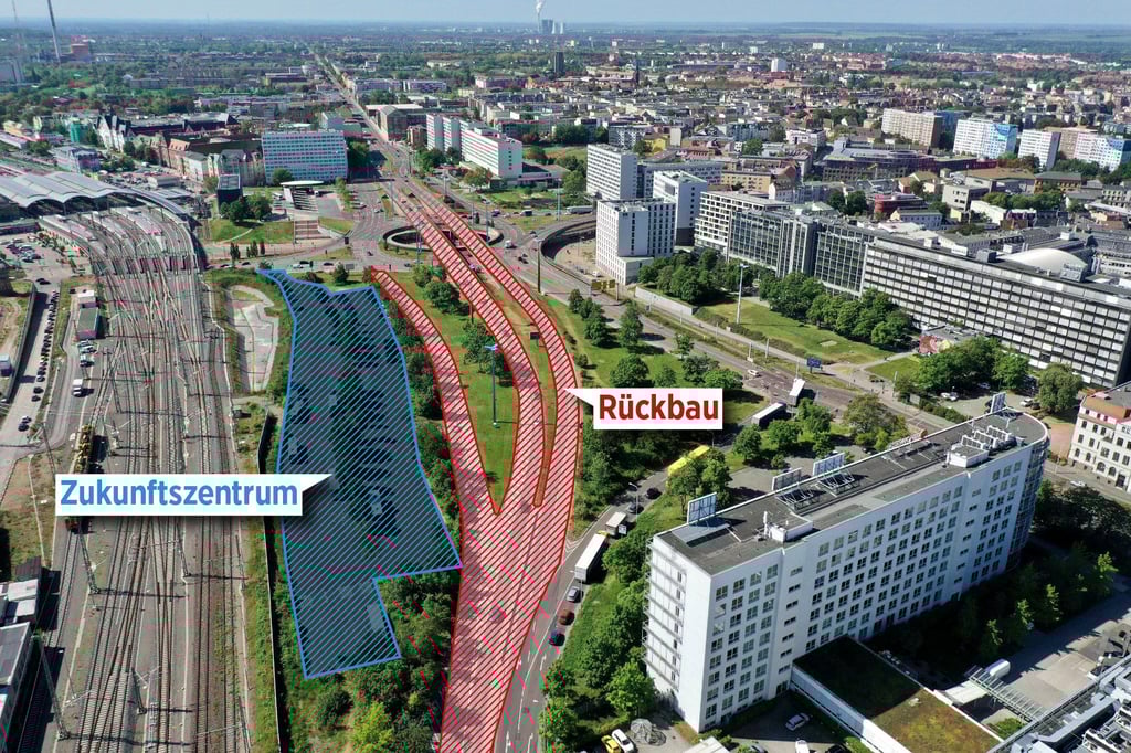 Noch ist der Riebeckplatz ein gigantischer Umschlagknoten für den Verkehr. Um Autos zu verbannen, müssen Straßen weichen.