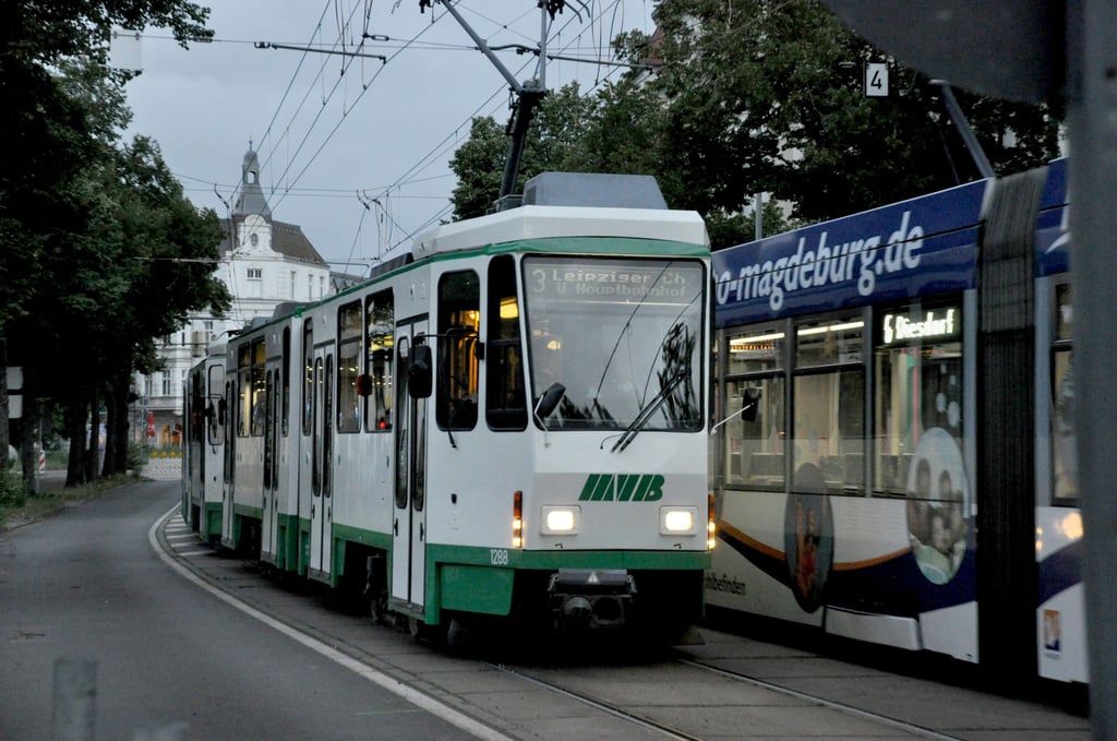 In Magdeburg begegnen sich eine alte Tatra-Bahn (links) und ein modernerer, barrierefreier Niederflurwagen. Die Tatras haben die MVB notgedrungen im Einsatz, weil die Niederflur-Flotte zu klein ist. Neue Bahnen sind bestellt, werden aber erst ab 2024 schrittweise zum Einsatz kommen.