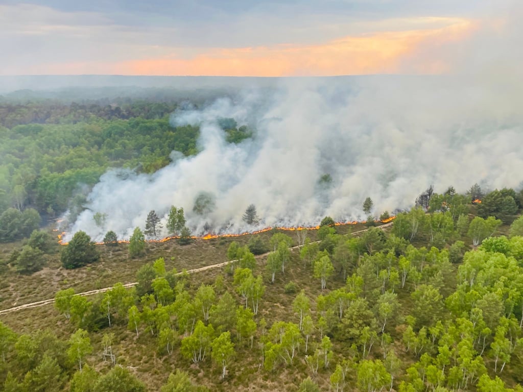 Ein Blick auf das Waldbrandgebiet in Jüterbog aus einem Hubschrauber der Bundespolizei.