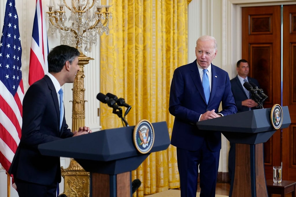 US-Präsident Joe Biden (r) und Premier Rishi Sunak bei ihrer Pressekonferenz im Weißen Haus.