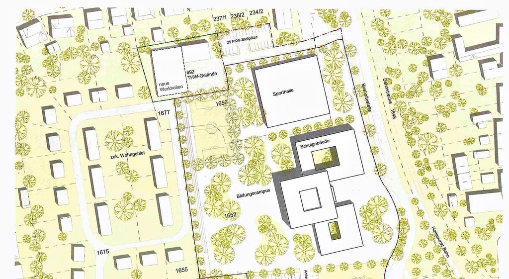 Neben dem neuen Wohngebiet (links) soll auf der Ex-Getreidewirtschaft in der Schönburger Straße ein solcher dreiteiliger Schulneubau samt Sporthalle entstehen.