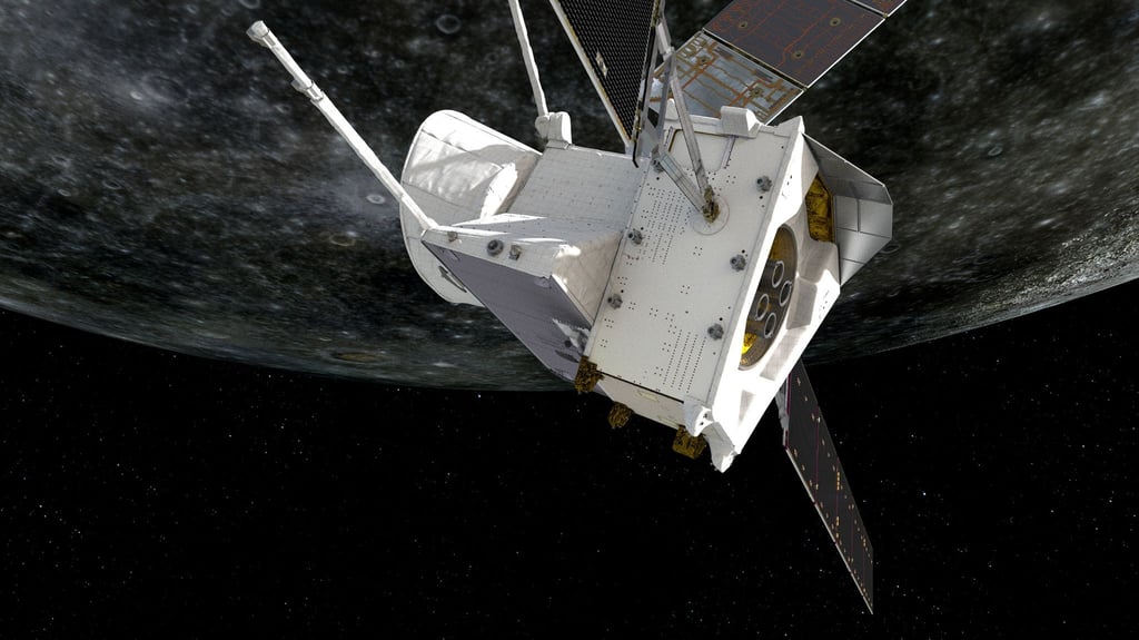 Eine Illustration des Vorbeiflugs von „BepiColombo“ am Merkur.