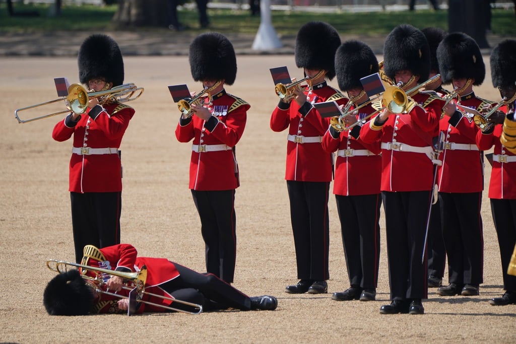 Ein Posaunist der Militärkapelle fällt während der Generalprobe für die Geburtstagsparade für König Charles III. in Ohnmacht.