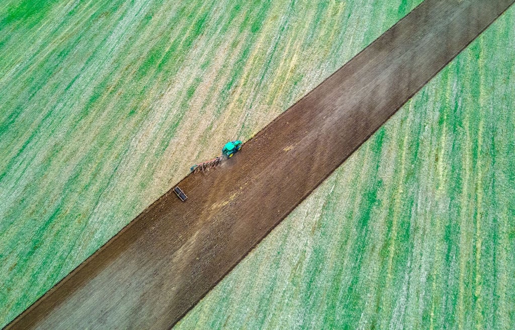 Ein Traktor zieht Pflug und Egge über ein abgeerntetes Feld.