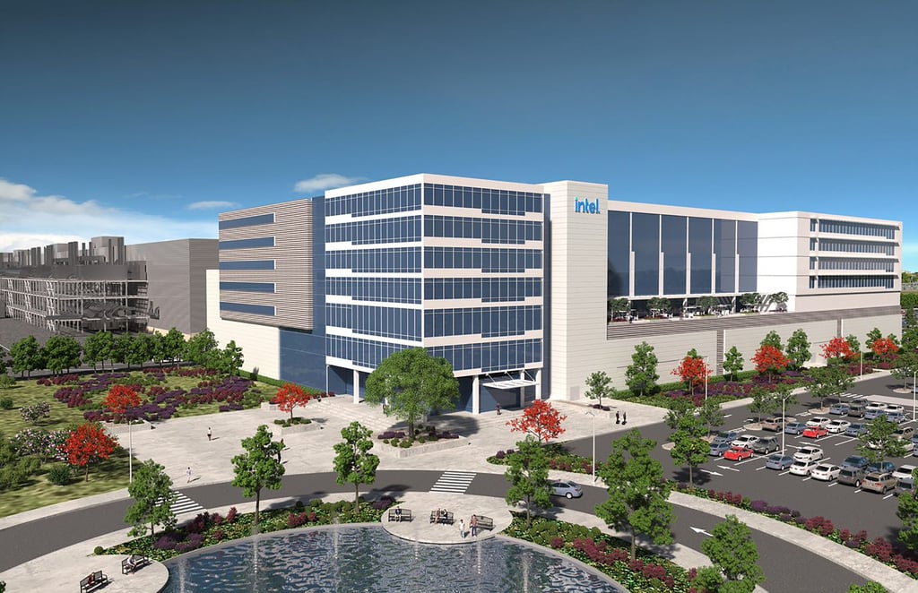 Eine Computergrafik zeigt, wie die Chipfabrik des US-Konzerns Intel in Magdeburg aussehen könnte.