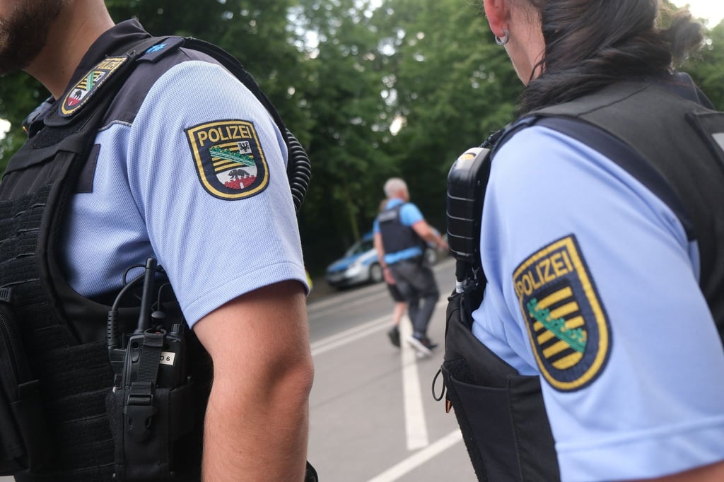 Polizisten aus Sachsen-Anhalt (l) und Sachsen bei einer Kontrollstelle.