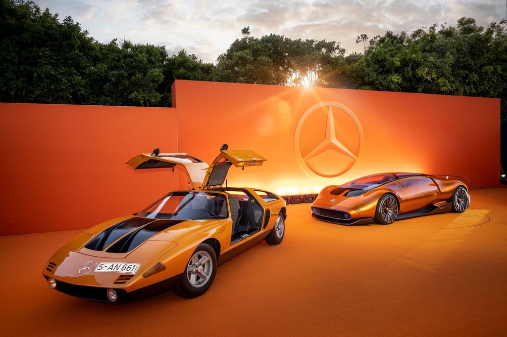 Nachfolger einer Legende: Der Mercedes One-Eleven nimmt formal und farblich Anleihen am Experimentalfahrzeug C111 (links).