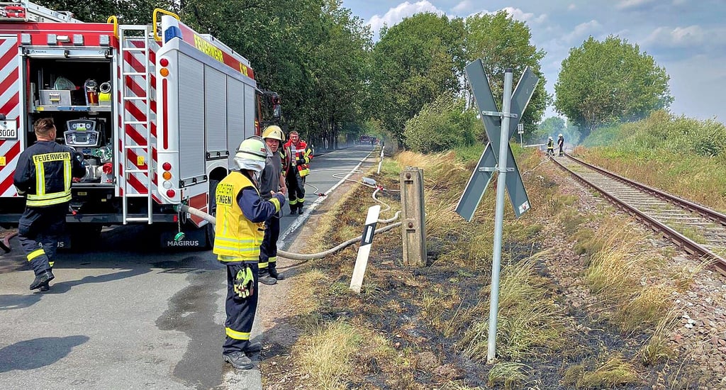 Die Feuerwehr konnte den Brand im Juli 2022 an den Bahngleisen zwischen Hörsingen und Behnsdorf wenige Meter vor der Putenmastanlage stoppen und Schlimmeres verhindern.