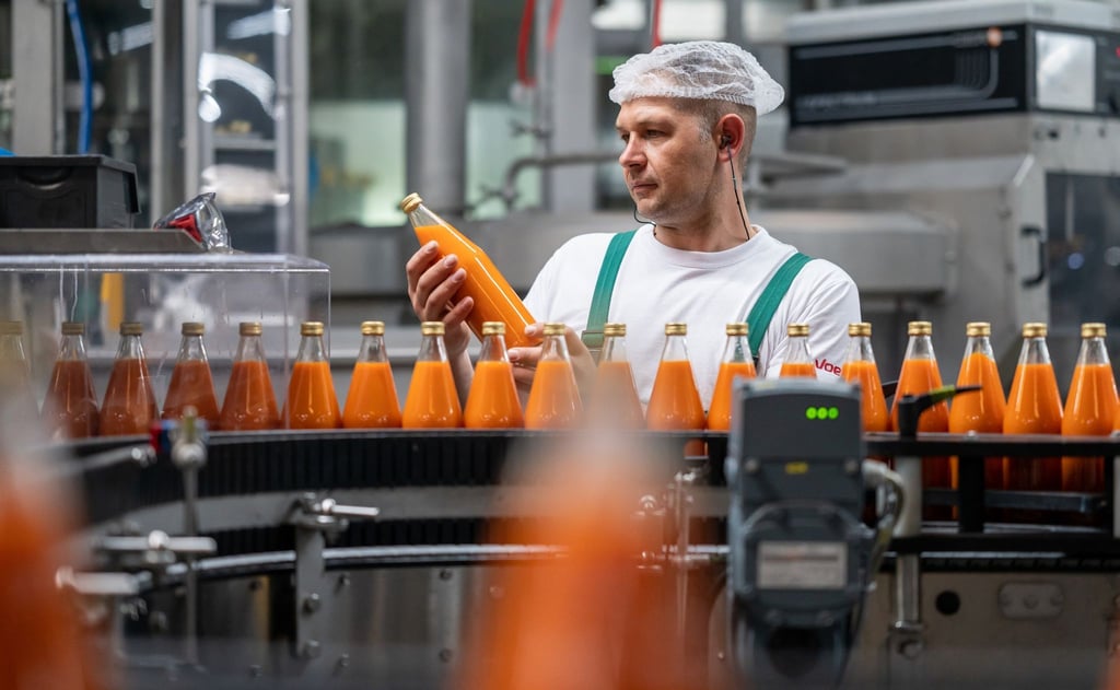 Ein Mitarbeiter der Firma Voelkel kontrolliert Glasflaschen nach dem Abfüllen.