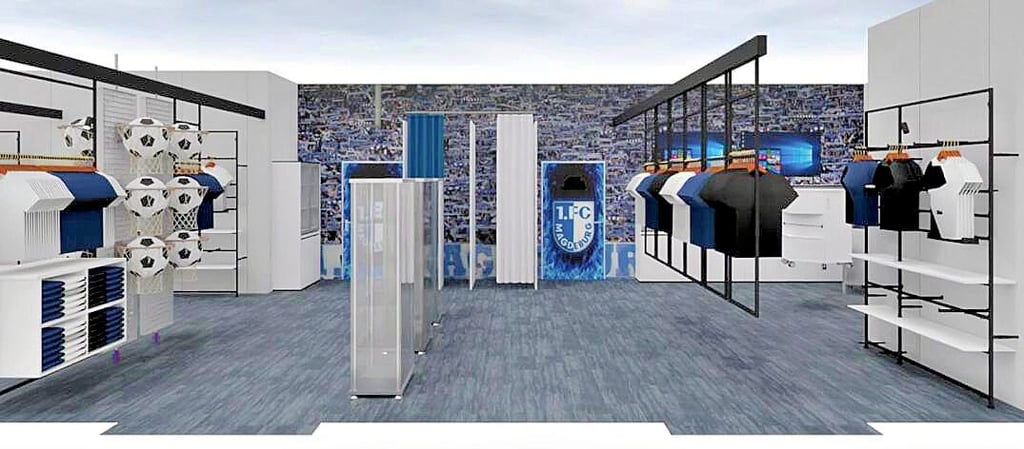 Diese Visualisierung zeigt einen möglichen Aufbau für den FCM-Fanshop auf 200 Quadratmetern im neuen Sportzentrum. Ein zweiter, neuer Fanshop wird am 15. Juli im Breiten Weg 178 eröffnen.