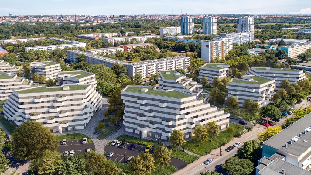 In Halle-Neustadt entstehen neue Häuser neben den Plattenbauten. Grafik: Wohncampus