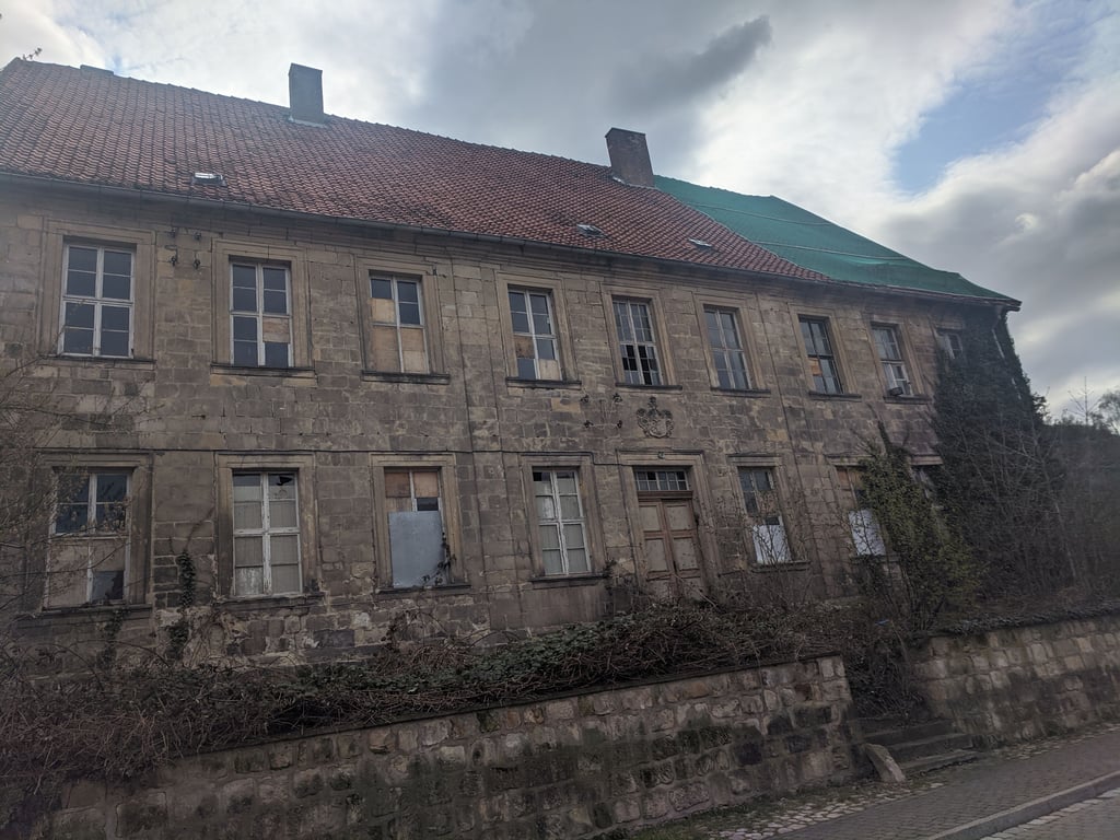 Statt neuer Ziegel "sichert" ein Netz das marode Dach des unter Denkmalschutz stehenden Amthofs in Langenstein. Ein Zustand, der offenbar Absicht ist.