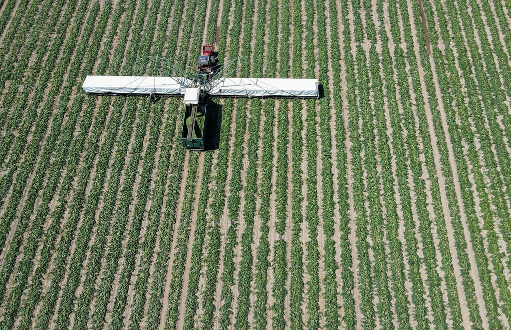 Ein sogenannter Gurkenflieger, auf dem Entehelfer liegen, steht auf einem Feld.