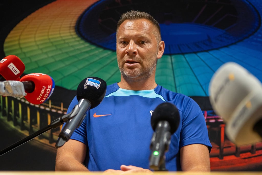 Cheftrainer Pal Dardai von Hertha BSC spricht in einer Medienrunde zu den Anwesenden.