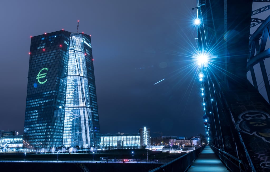 Ein Eurozeichen wird beim Lichtspektakel «Luminale» in Frankfurt am Main auf die Fassade der Europäischen Zentralbank (EZB) projiziert.
