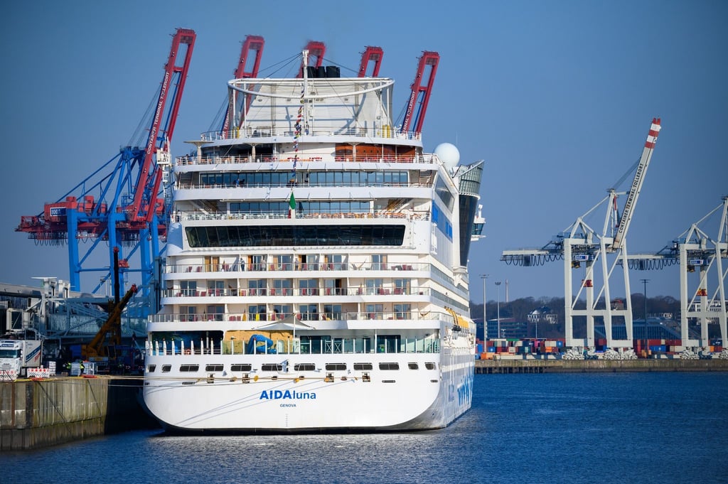 Ein Kreuzfahrtschiff der Aida liegt am Kreuzfahrtterminal Steinwerder.