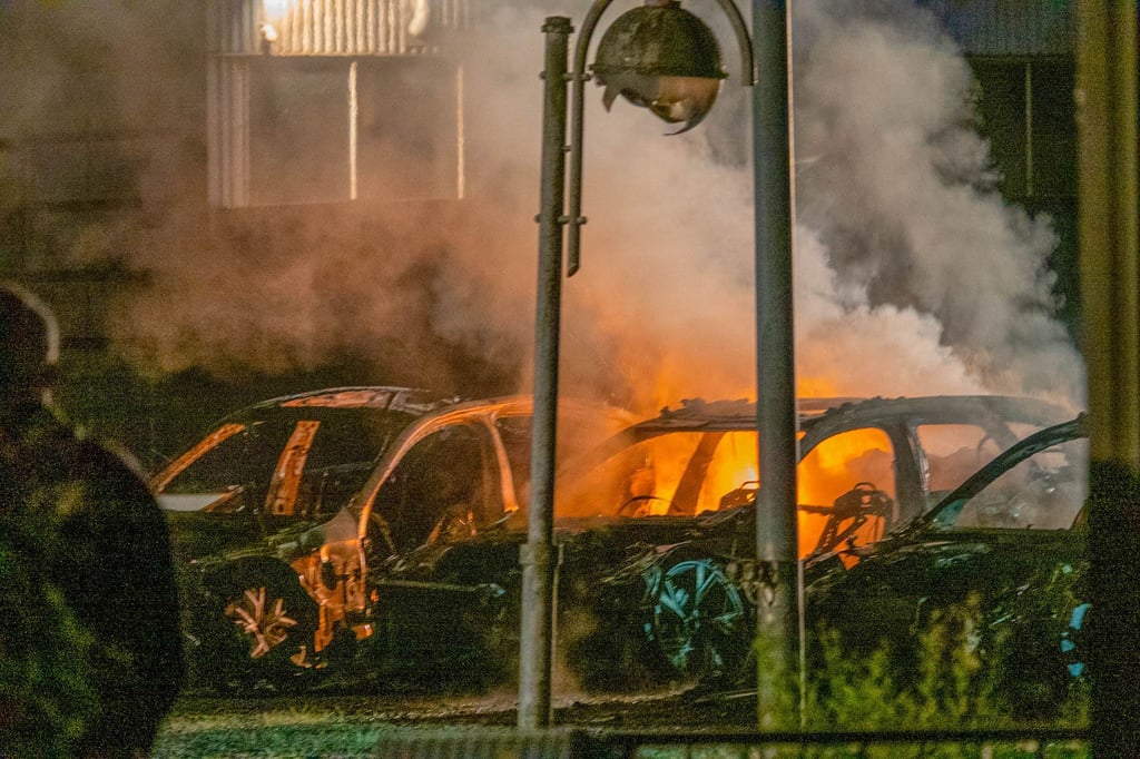 Autos brennen auf dem Gelände eines Autohauses.