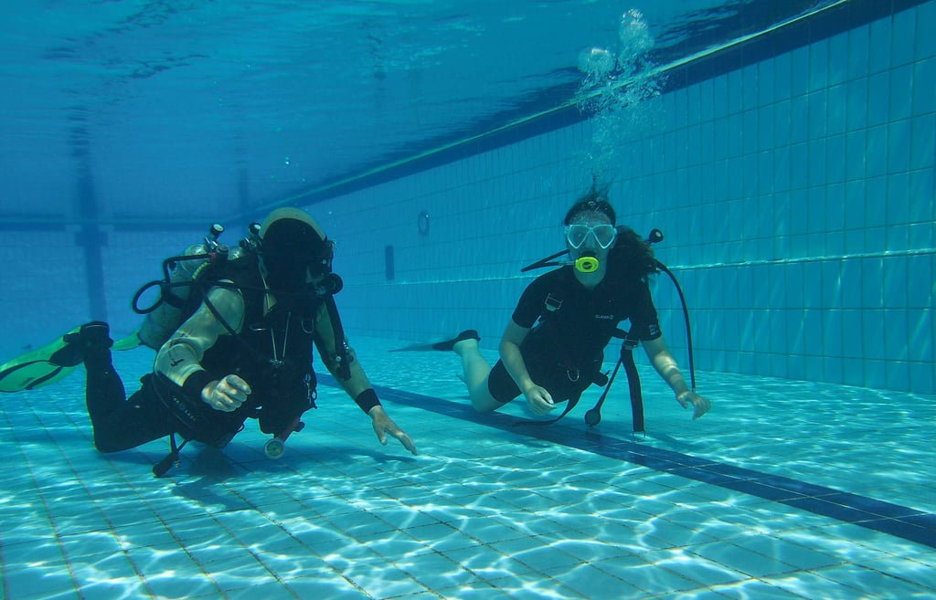 Am Ende der Projektwoche gingen die zwölf Schüler erstmals gemeinsam mit den Tauchlehrern im Freibad Hettstedt unter Wasser.