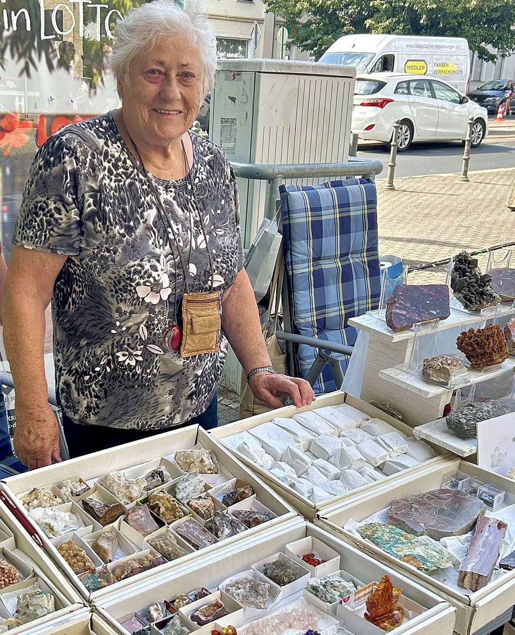 Anneliese Fricke war mit ihren gesammelten Fossilien, Mineralien und Steinen auf dem Magdeburger Stadtteilfest anzutreffen.
