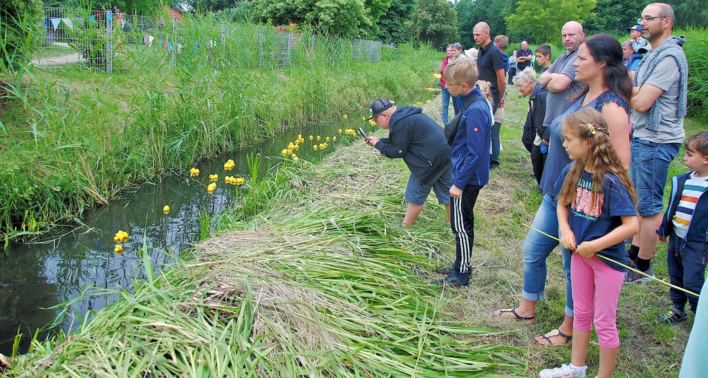 Entlang der knapp 400 Meter langen Strecke säumten zahlreiche Schaulustige das Ufer und feuerten ihre Enten an. Unterwegs waren eine Sprint- und eine Belegwertung zu absolvieren, bei denen es Preise für die Paten der erstplatzierten Plastiktiere gab.