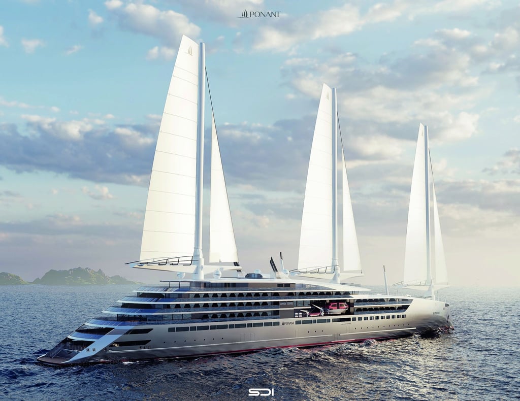 Dieser Entwurf zeigt das Schiff mit einer anderen möglichen Segel-Konstruktion namens „Solid Sail“-Technologie.