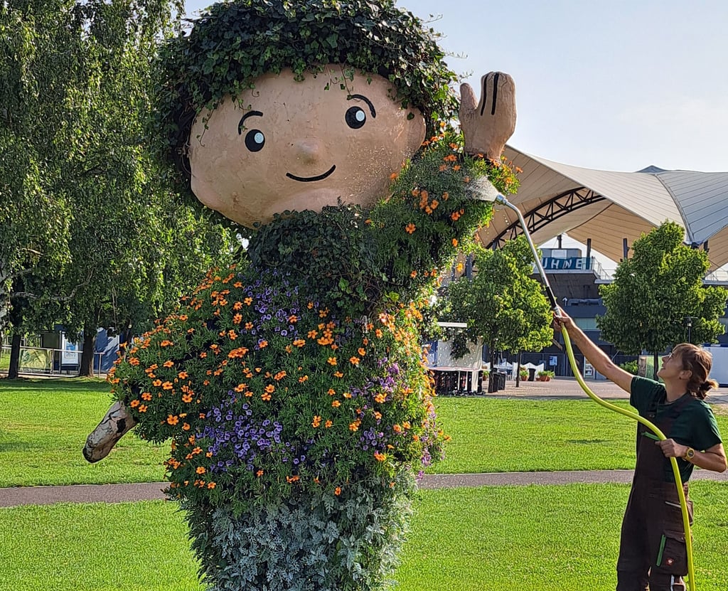 Parkgärtnerin Annett Lüdecke-Michalek wässert den blühenden Sandmann im Elbauenpark in Magdeburg. Er trägt bunten Sommerflor.