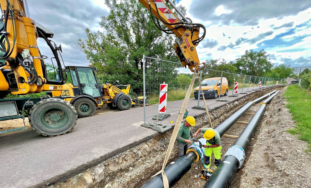 Am Werder in Bernburg wird derzeit eine Fernwärmeleitung für den Hochwasserschutz umverlegt.