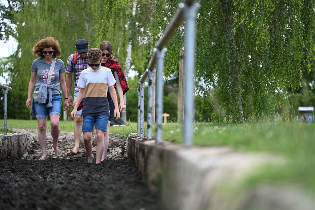 Ein Familie geht im Barfußpark durch die Moorstrecke.