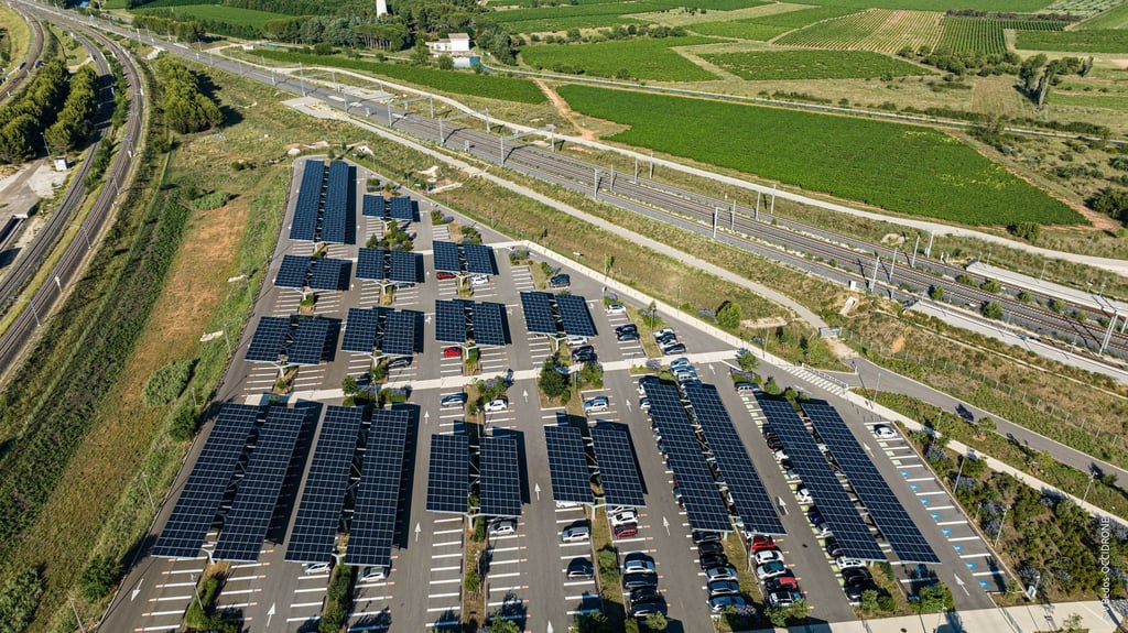 Parkplätze an einem Bahnhof sind mit Solaranlagen überdacht. Die französische Staatsbahn SNCF will bis 2030 mit selbsterzeugtem Solarstrom 15 bis 20 Prozent ihres Energiebedarfs selbst decken.