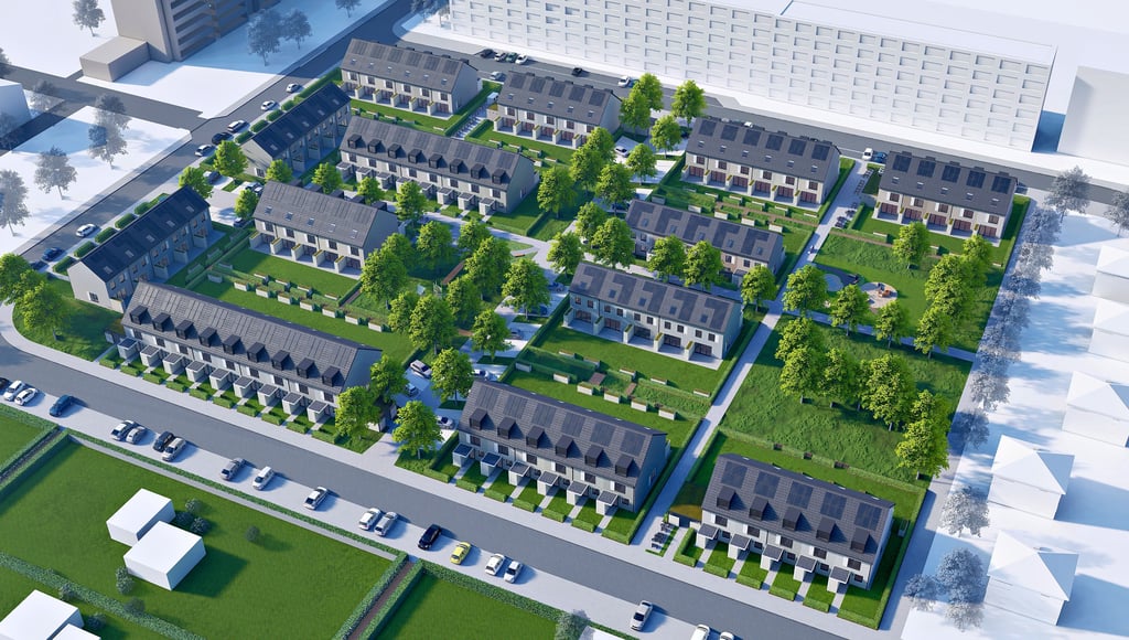 Diese Visualisierung zeigt, wie das Quartier mit Reihenhäusern, vielen Bäumen und einem Spielplatz in Magdeburg aussehen soll. Die Siedlung soll hauptsächlich junge Familien ansprechen.