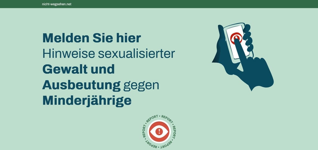 Der Report-Button führt auf "Nicht-wegsehen.net" direkt zu den drei Meldewegen.
