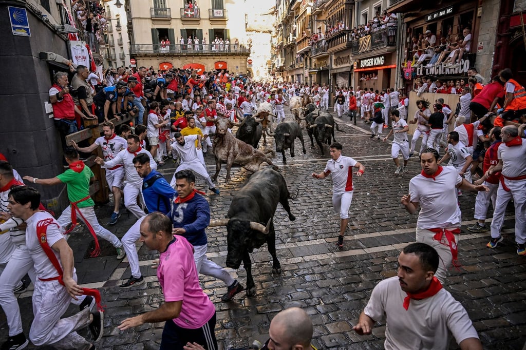 Kampfstiere laufen während des „Sanfermines“-Festes zwischen den Feiernden umher.