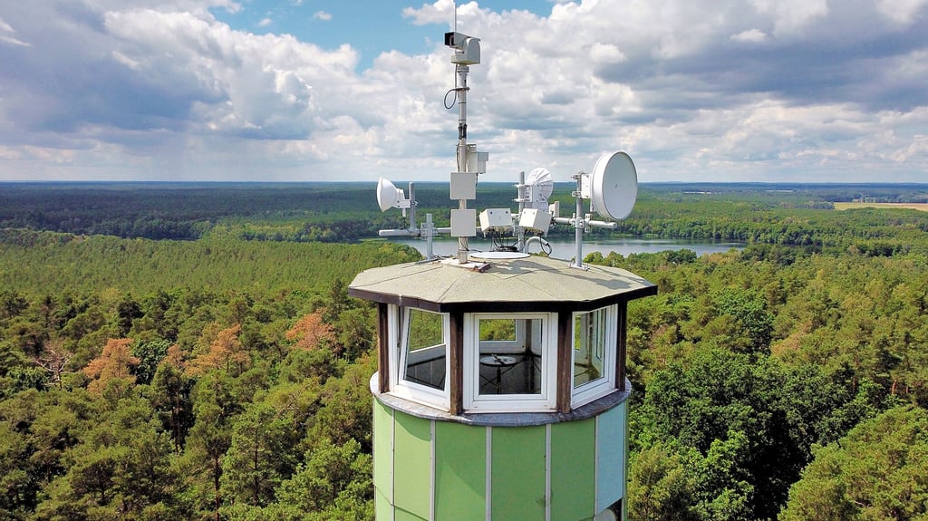 Solche Frühwarnsysteme wie in Brandenburg sind 2022 in Sachsen-Anhalt modernisiert worden. Insgesamt 15 Kameras suchen auf diesen Sensor-Türmen die Waldflächen nach Rauchschwaden ab.