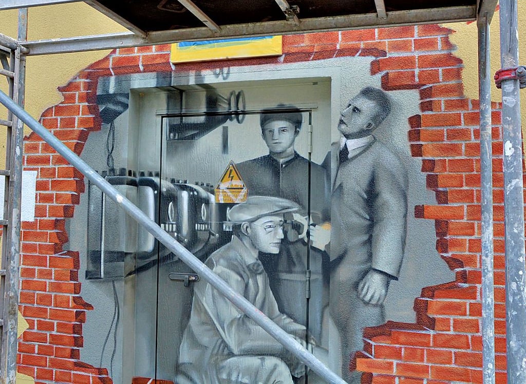 Am Trafohäuschen in der Ritterstraße in Schönebeck ist mithilfe der Graffitikunst eine Reise in die Vergangenheit möglich. Echte Fotos bildeten die Vorlage für das Kunstwerk.