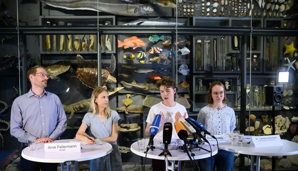 Caroline Douhaire (l-r), Anwältin für Umweltrecht, Arne Fellermann, Abteilungsleiter Klimaschutz beim BUND, Pit Terjung, Sprecher von Fridays for Future, und Eva Städele, Pressesprecherin von Fridays for Future.