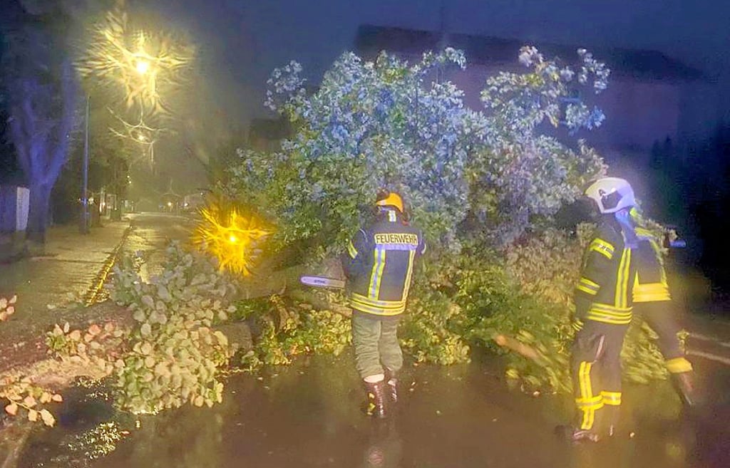 Feuerwehrleute aus Köthen beseitigen einen umgestürzten Baum, der am Montagabend die Merziener Straße blockiert.