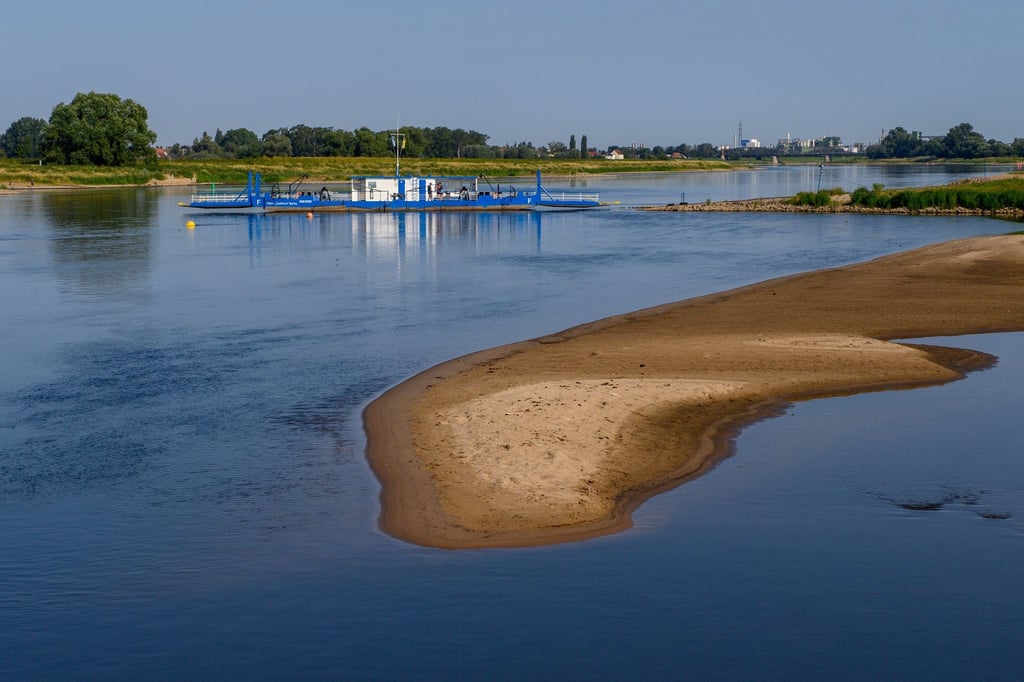 Eine Sandbank ist im Elbestrom zu sehen.