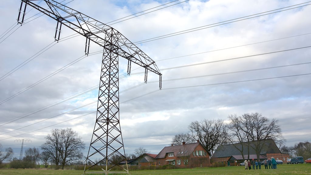 Ein Strommast der bestehenden 220-kV-Leitung am Ortsrand von Losenrade bei Seehausen. Anwohner haben im März 2023 gegen den Bau der neuen 380-kV-Leitung von 50 Hertz protestiert.