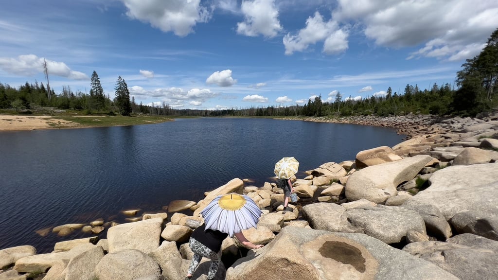 Zwei Touristen klettern mit Regenschirmen als Sonnenschutz über Steine am Ostufer vom Oderteich.