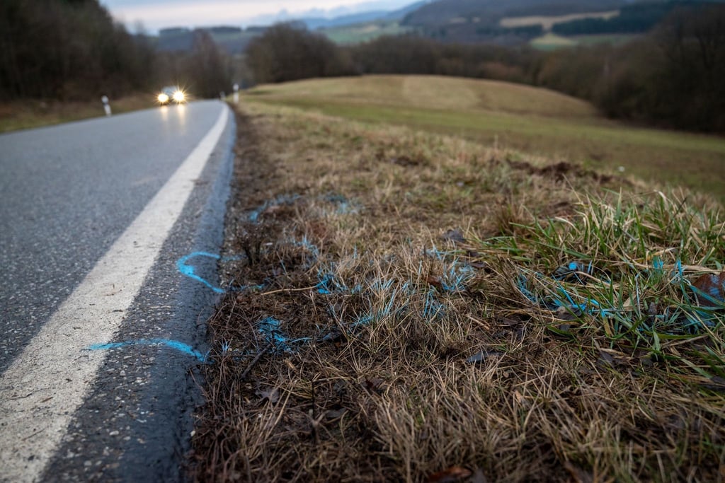 Markierungen wurden am Rand der Kreisstraße 22 zwischen den Orten Mayweilerhof und Ulmet (Rheinland-Pfalz) aufgetragen. Dort wurden Anfang 2022 eine Polizistin und ein Polizist bei einer Verkehrskontrolle erschossen.
