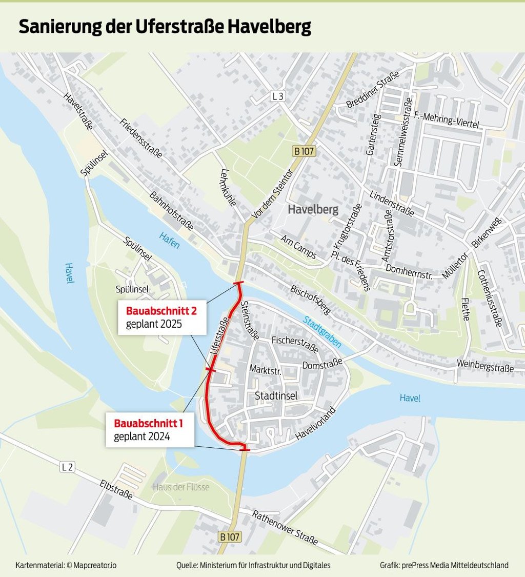 Die Grafik zeigt die beiden geplanten Bauabschnitte in der Uferstraße in Havelberg.