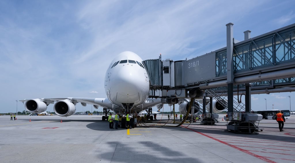 Ein Airbus A380 auf dem Flughafen München vor dem Abflug nach Boston.