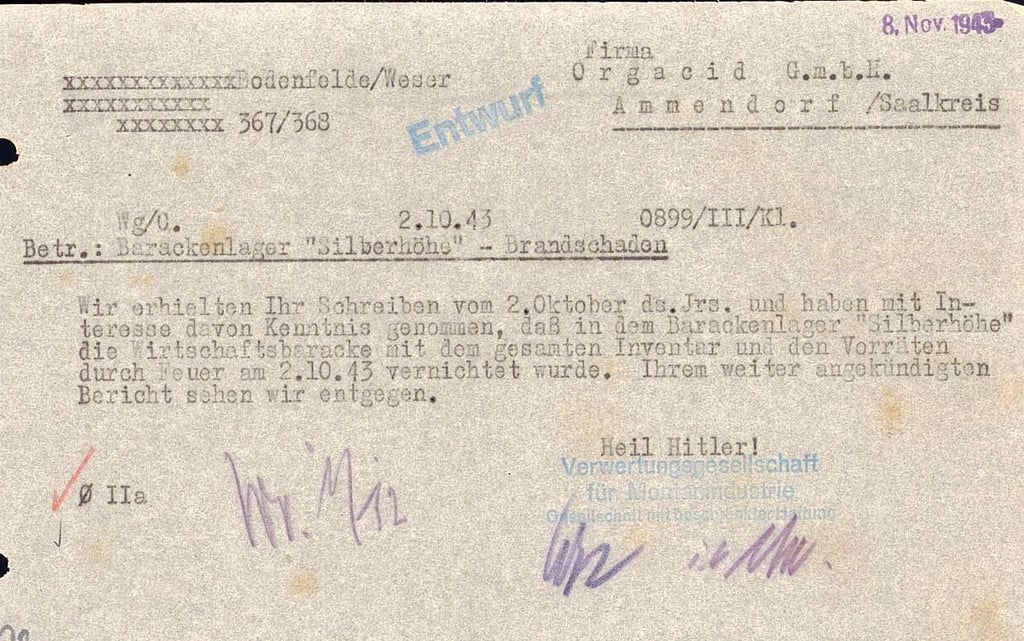 Die Verwaltungsgesellschaft für Montanindustrie informierte 1943 über das Feuer im ehemaligen Barackenlager auf der Silberhöhe in Halle.
