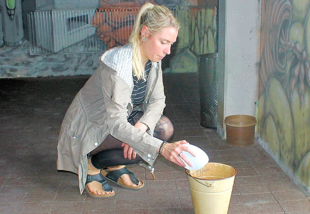 Vereinschefin Melanie Böttcher beim Umfüllen des aufgefangenen Tropfwassers.