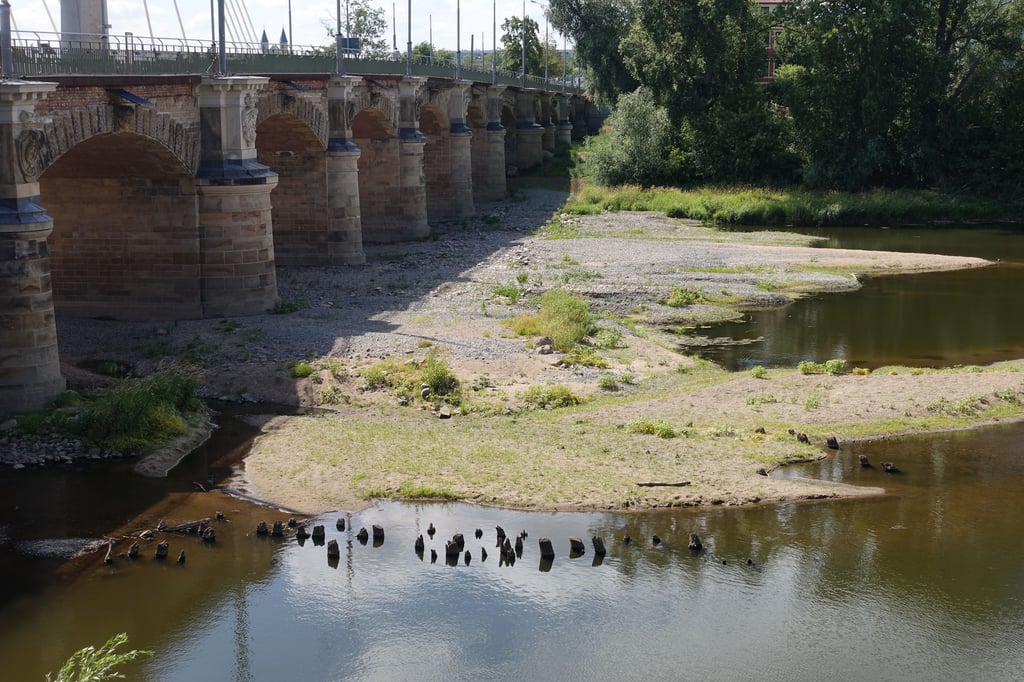 Links ist die Anna-Ebert-Brücke zu sehen. Im Vordergrund tauchen alte Holzpfähle auf.