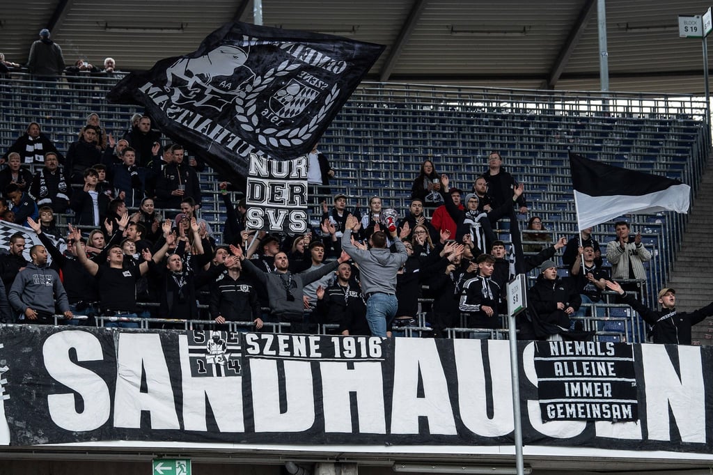 Fans aus Sandhausen stehen mit Flaggen auf der Tribüne.