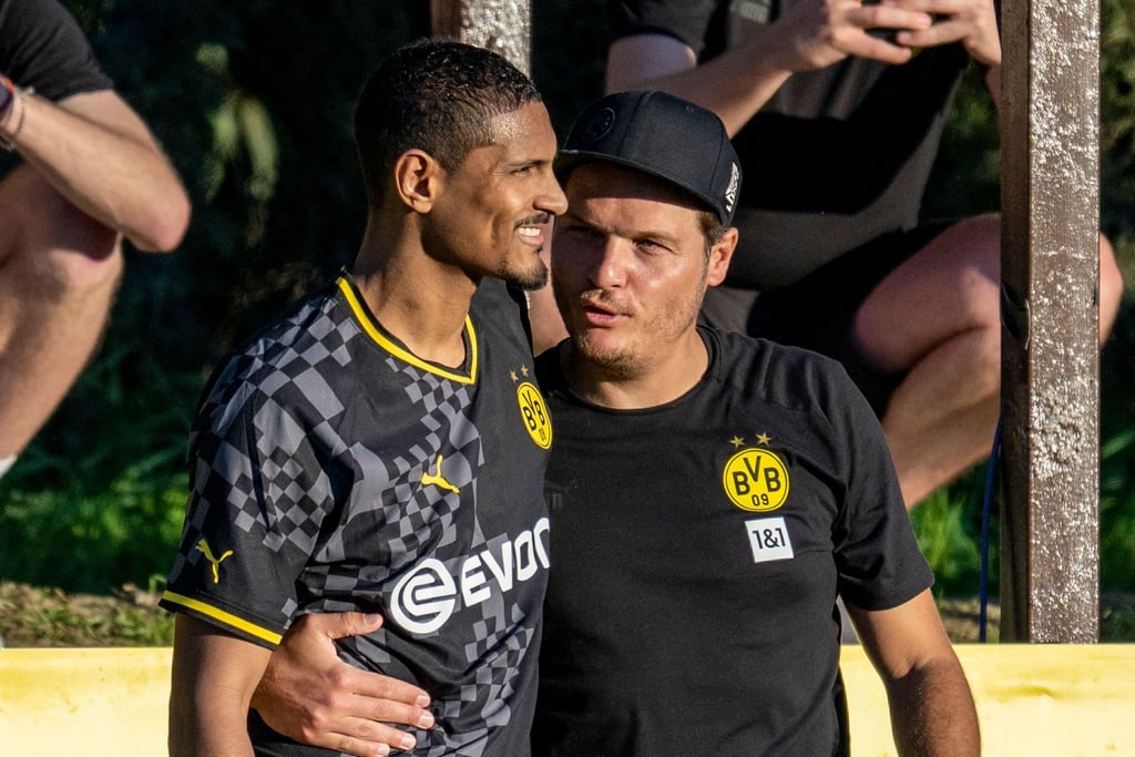 Emotionales Comeback: Sébastien Haller (l) wird von BVB-Trainer Edin Terzic gegen Düsseldorf eingewechselt.
