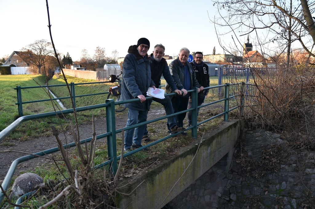Jürgen Canehl, Wolfgang Beier, Detlef Beymann und Mario Hellwig (von links) stehen auf der Klinke-Brücke in der Inselstraße.