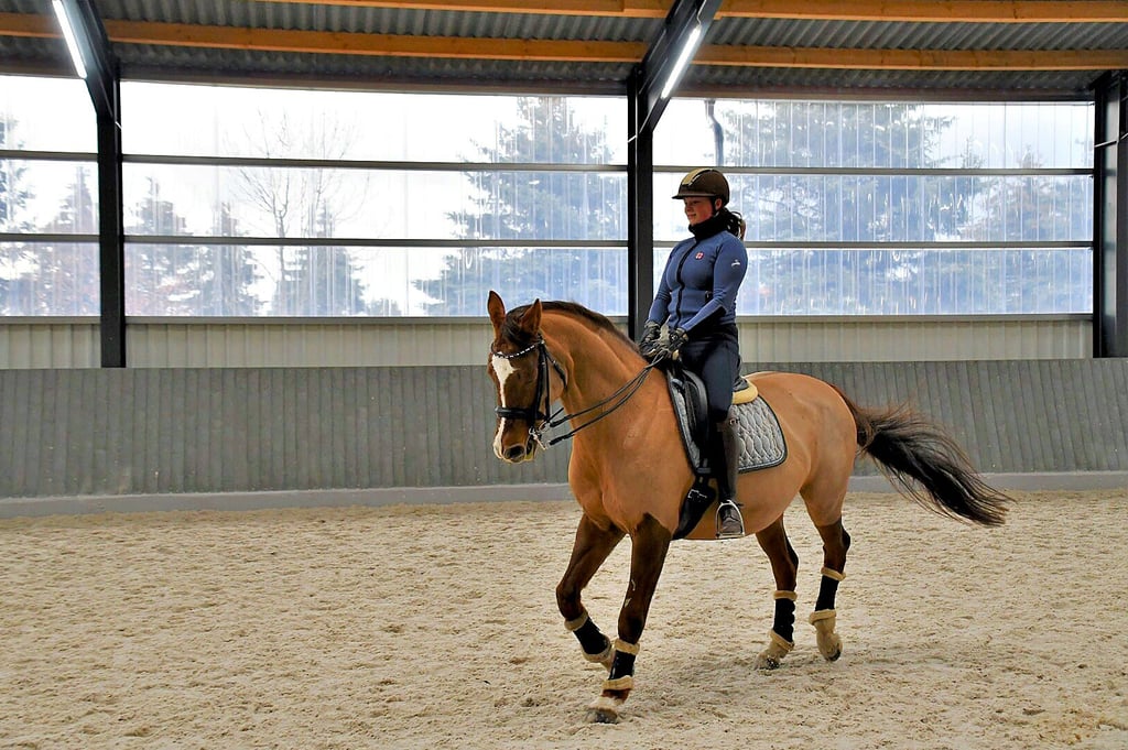 Saskia Miegel trainiert mit ihrem Pferd Look and Pay bereits seit einiger Zeit in der neuen 20 Meter mal 60 Meter großen Reithalle in Niendorf.