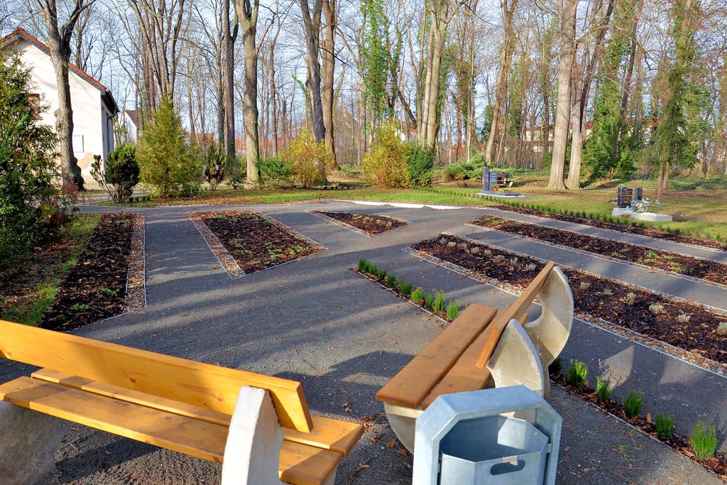 Ein Teil der halbanonymen Grabanlage auf dem Löderburger Friedhof liegt hinter der rechten der beiden neuen Bänke. Das sei unpassend und ein Schildbürgerstreich, meint ein Bürger.
